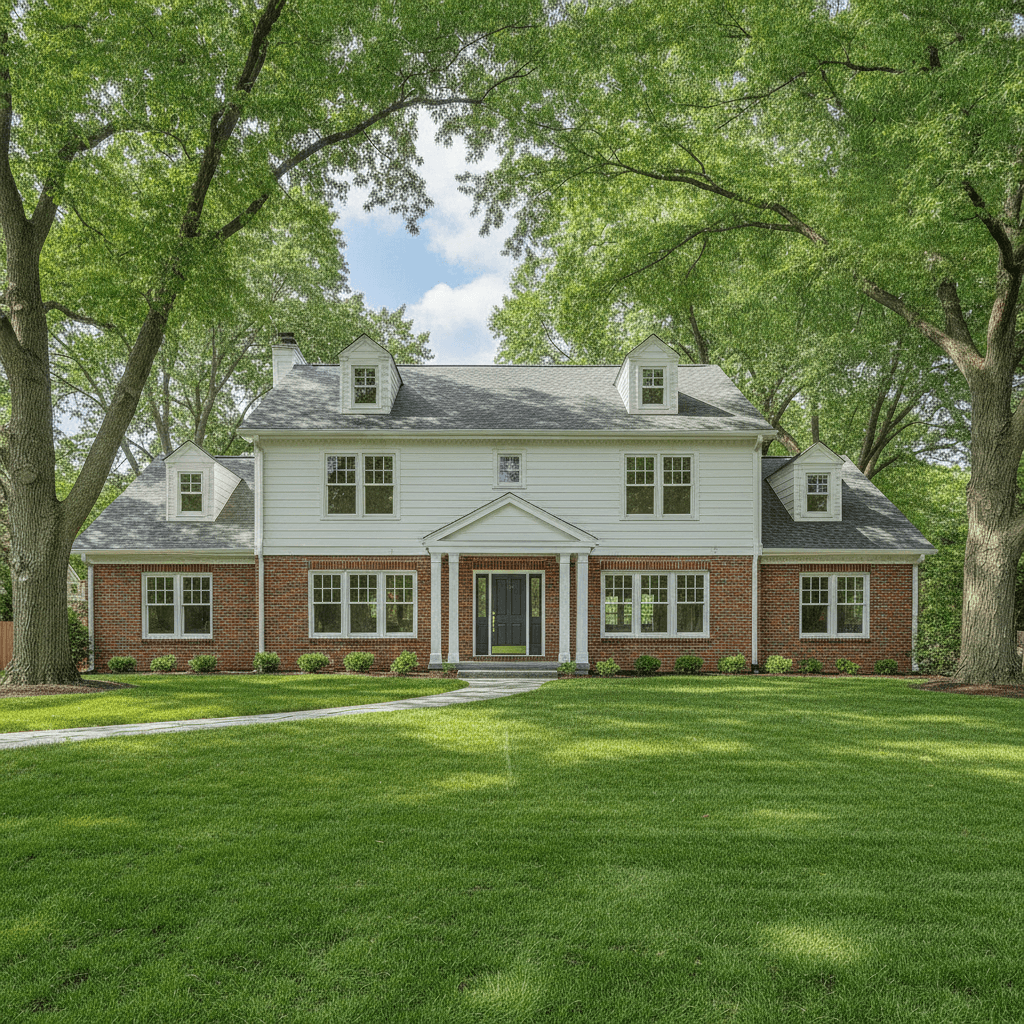 Freshly painted two-story home exterior with white trim