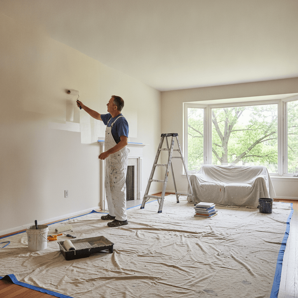 Painter rolling a wall in a room with floors and furniture covered