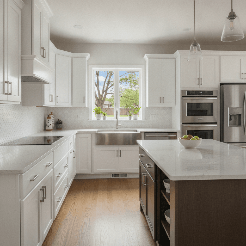 Sprayed white kitchen cabinet refinish in Huntley