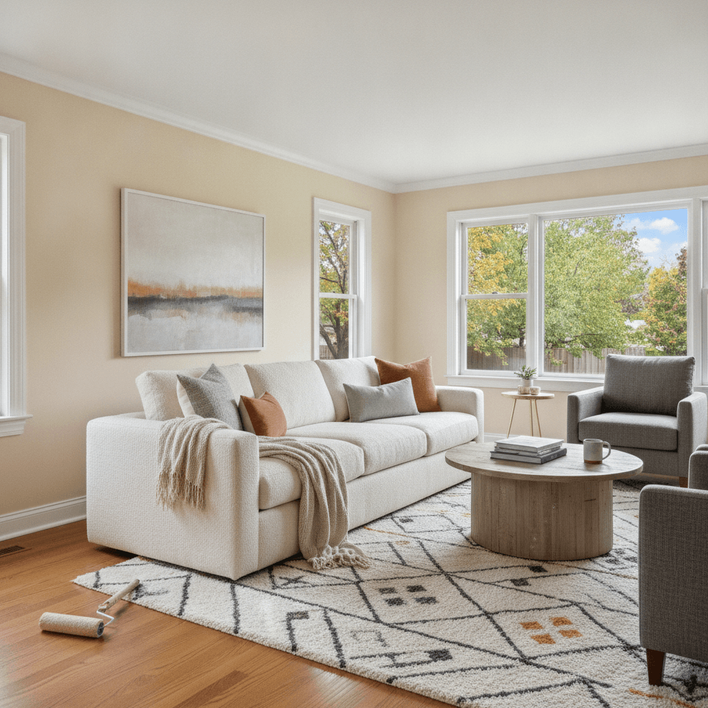 Example of a freshly painted living room with clean trim lines